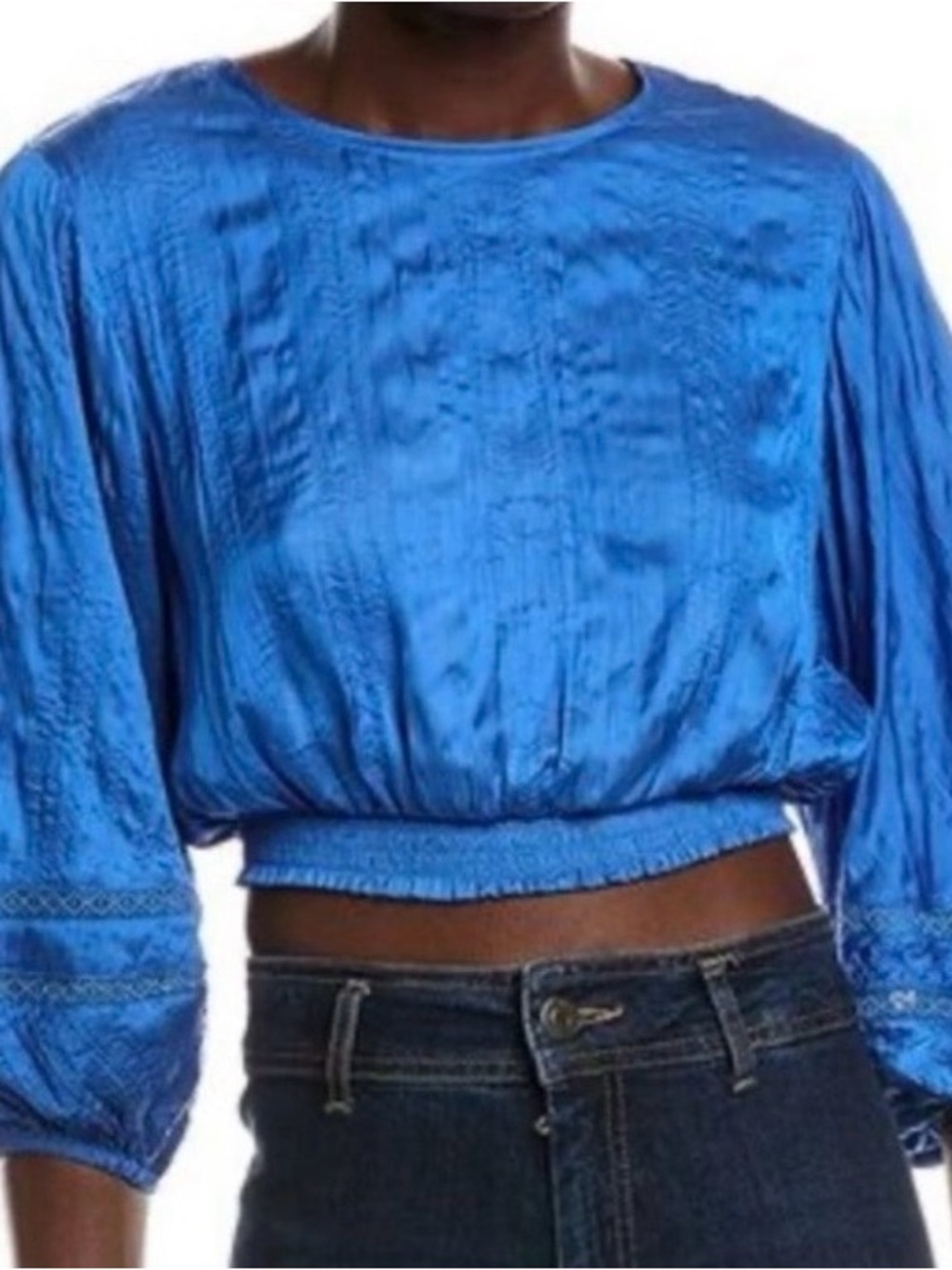 House of Harlow 1960 Blue Cropped Top Satin-Look Balloon Sleeve Open Back Medium